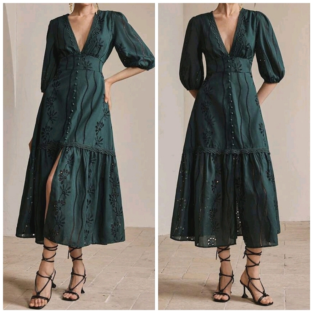 New Cottage Embroidered Eyelet Lace Button Trim Long Dress Puff Sleeve Green